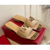 Good Quality Valentino VLogo Leather and metal Slide Sandals Beige 301103