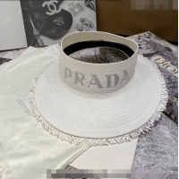 Shop Grade Prada Visor Straw Hat with Crystal Logo P0307 White 2023