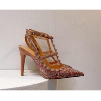 Popular Style Valentino Rockstu Ankle Strap Heel Pumps 9.5cm with Crystals Apricot/Multicolor 0323066