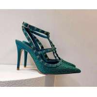Shop Duplicate Valentino Rockstu Ankle Strap Heel Pumps 9.5cm with Crystals Peacock green 0323073