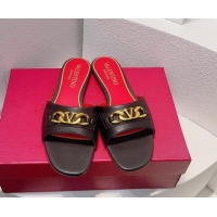 Top Grade Valentino Vlogo Chain Leather Flat Slide Sandals Black/Red 0323105