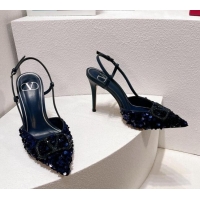 Classic Practical Valentino Crystal VLogo Slingbacks Pumps in Shiny Sequins Royal Blue 330059