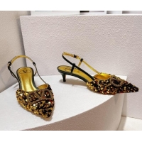Classic Hot Valentino Crystal VLogo Slingback Pumps 4cm in Shiny Sequins Black/Gold 330069