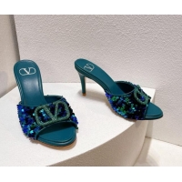 Good Quality Valentino Crystal VLogo Slide Sandals 8cm in Shiny Sequins Green 330089