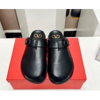 Duplicate Valentino VLogo Flat Mules in Calf Leather Black 330156