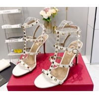 Good Quality Valentino Rockstud Ankle Strap Heel Calfskin Sandals 9cm White 403025