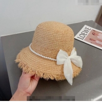 Fashion Grade Miu Miu Straw Hat with Bow and Pearls 0407 White 2023