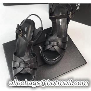 Grade Quality Saint Laurent Grained Leather Wedge Sandals 11cm Black 101407