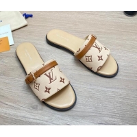 Pretty Style Louis Vuitton Grained Leather Flat Slide Sandals with Buckle Beige 0329106