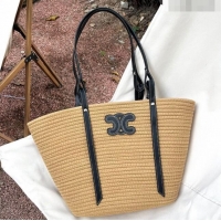 Best Price Celine Triomphe Straw and Leather Basket Bag 0306 Khaki/Black 2023