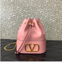 Luxurious Grade VALENTINO VLOGO SIGNATURE Lambskin Mini Bucket Bag FI16 pink