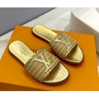 Good Quality Louis Vuitton Starboard Flat Slide Sandal in LV Raffia and Leather Gold 427117