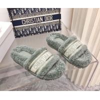 Good Quality Dior Dway Flat Slide Sandals in Embroidered Cotton and Reverse Shearling Green 120232