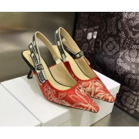 Good Product Dior J'Adior Slingback Pumps 6.5cm in Cherry Red Brocart Embroidered Cotton 020802