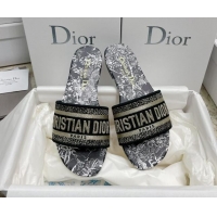 Duplicate Dior Dway Flat Slides in Black Cotton Embroidered with Dior Jardin d'Hiver Motif 022303