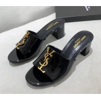 Grade Saint Laurent YSL Patent Leather Heeled Slide Sandals Black 122444