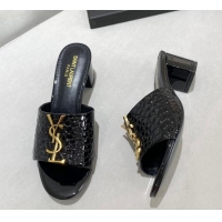 Classic Hot Saint Laurent YSL Patent Stone Embossed Leather Heeled Slide Sandals Black 122449