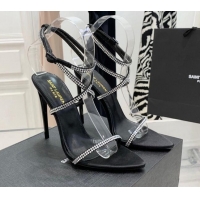 Top Design Saint Laurent Georgia Black Silk High Heel Sandals 11cm with Crystal and Cross Strap 022529
