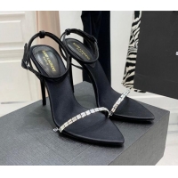 Good Product Saint Laurent Gloria Black Silk High Heel Sandals 11cm with Crystal and Ankle Strap 022532