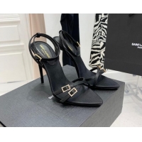 Shop Duplicate Saint Laurent Lila Black Silk and Leather High Heel Sandals 11cm with Crystal 022533