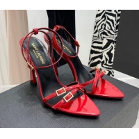 Discount Saint Laurent Lila Patent Leather High Heel Sandals 11cm with Crystal Buckle Red 022536