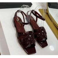 Hot Style Saint Laurent Tribute Patent Leather Flat Sandals Burgundy 022555