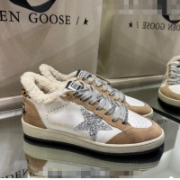 Discount Golden Goose Ball Star Sneakers in Leather and Shearling with Glitter Silver Star G0182 White/Brown 2022