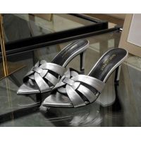 Duplicate Saint Laurent Metallic Leather Point Toe Heel Slide Sandals Silver 0324033