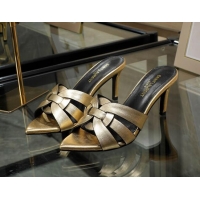 Sophisticated Saint Laurent Metallic Leather Point Toe Heel Slide Sandals Light Gold 0324034