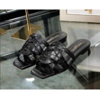 Duplicate Saint Laurent Flat Slide Sandals in Embossed Leather Black 0324056