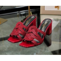 Low Price Saint Laurent Medium Heel Slide Sandals with Crystals Red 0324060