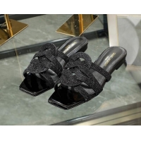 Stylish Saint Laurent Flat Slide Sandals with Crystals Black 0324063