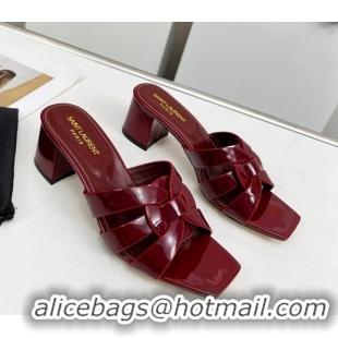 Grade Quality Saint Laurent Medium Heel Slide Sandals in Patent Leather 5.5cm Burgundy 324079