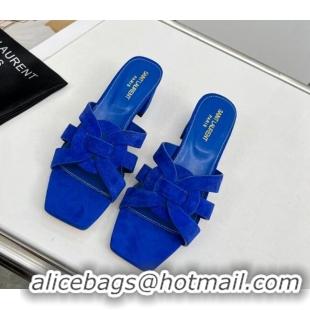 Shop Duplicate Saint Laurent Suede Medium Heel Slide Sandals 4.5cm Blue 0324117