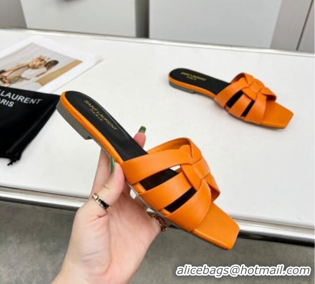Duplicate Saint Laurent Calfskin Flat Slide Sandals Orange 0324131
