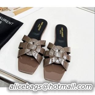 Good Looking Saint Laurent Flat Slide Sandals in Patent Leather Grey 20324143 