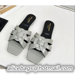Good Quality Saint Laurent Flat Slide Sandals in Patent Leather Light Grey 324146