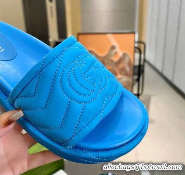 Top Grade Gucci Chevron Fabric Platform Slide Sandals 5.5cm with GG Blue 607083