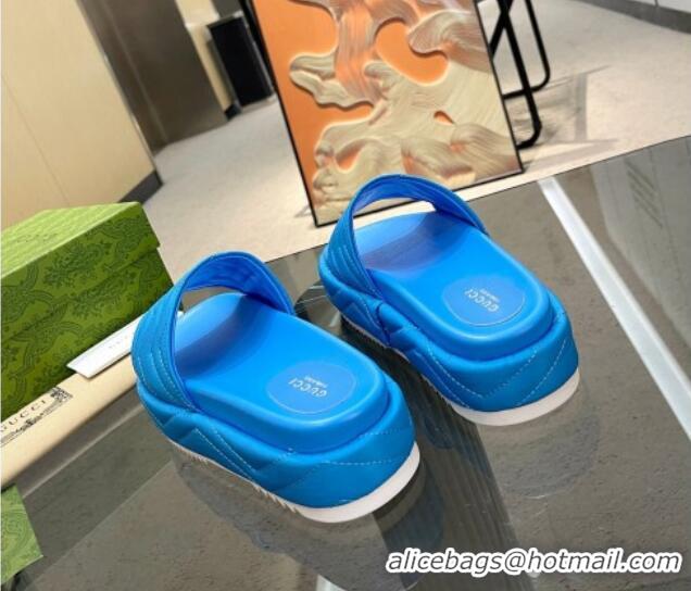Top Grade Gucci Chevron Fabric Platform Slide Sandals 5.5cm with GG Blue 607083