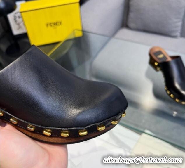 Top Grade Fendi Baguette Show Leather Clogs Medium Heel Mules 6cm Black 321049