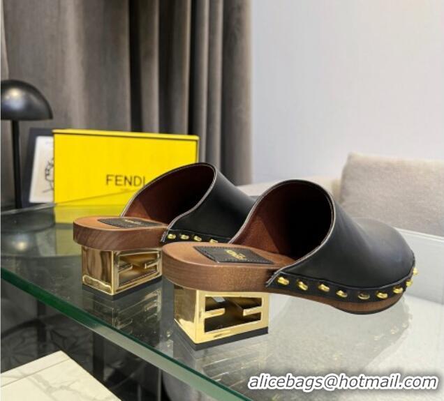 Top Grade Fendi Baguette Show Leather Clogs Medium Heel Mules 6cm Black 321049