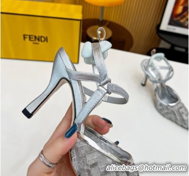 Grade Quality Fendi Colibri Lite Slingbacks Pumps 8cm in Fringed FF Mesh Silver 420076