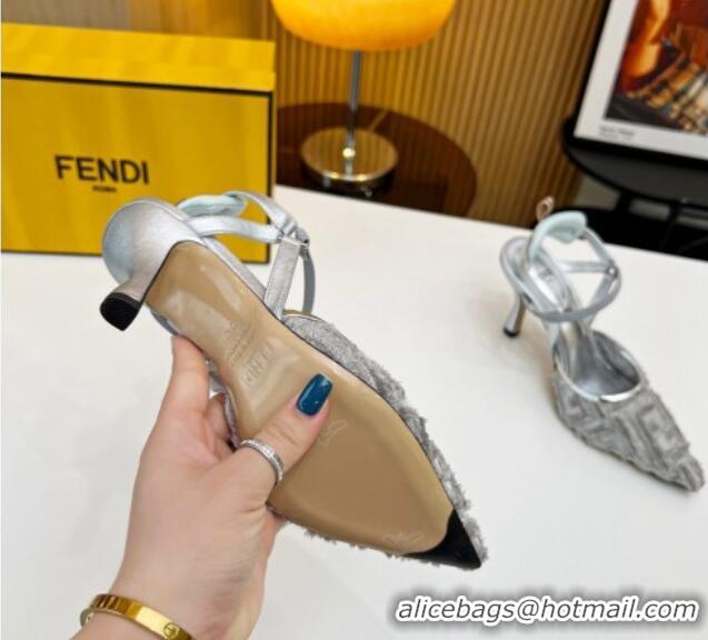 Grade Quality Fendi Colibri Lite Slingbacks Pumps 8cm in Fringed FF Mesh Silver 420076
