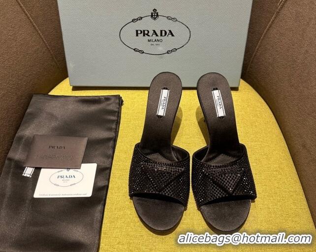 Top Grade Prada Satin Heel Slide Sandals 7.5cm with Crystals Black 612165