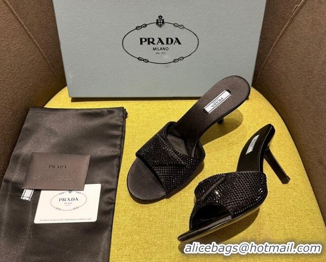 Top Grade Prada Satin Heel Slide Sandals 7.5cm with Crystals Black 612165