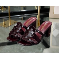 Best Price Saint Laurent Medium Heel Slide Sandals in Patent Leather Burgundy 0324078