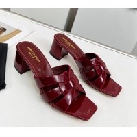 Grade Quality Saint Laurent Medium Heel Slide Sandals in Patent Leather 5.5cm Burgundy 324079