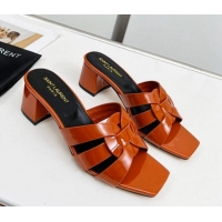 Sumptuous Saint Laurent Medium Heel Slide Sandals in Patent Leather 5.5cm Brown 324084