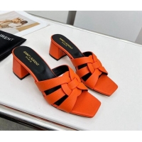 Stylish Saint Laurent Medium Heel Slide Sandals in Palm-Grained Leather 5.5cm Orange 324101