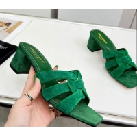 Luxury Saint Laurent Suede Medium Heel Slide Sandals 4.5cm Green 324119